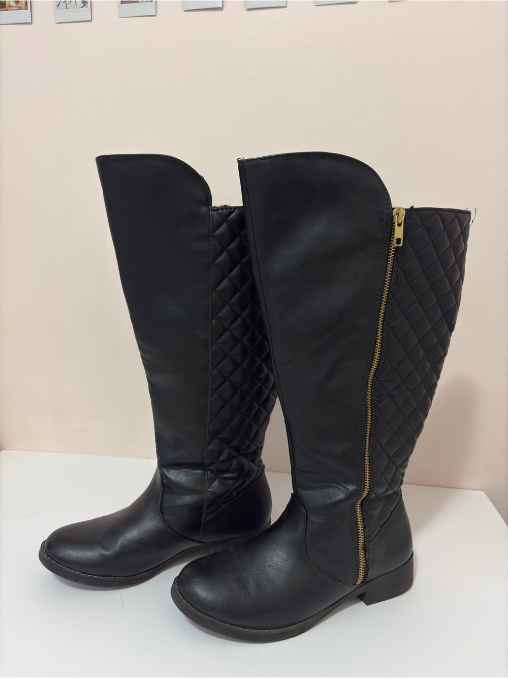Black Quilted Knee-High Riding Boots with Gold Side Zip - 7W